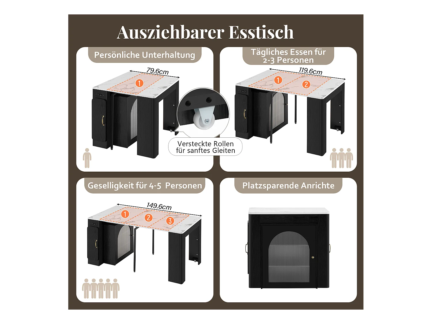 Table à manger extensible avec plateau amovible - 83 x 39.6/79.6/149.6 x 77 cm - avec rangement - MDF + verre - noir + blanc