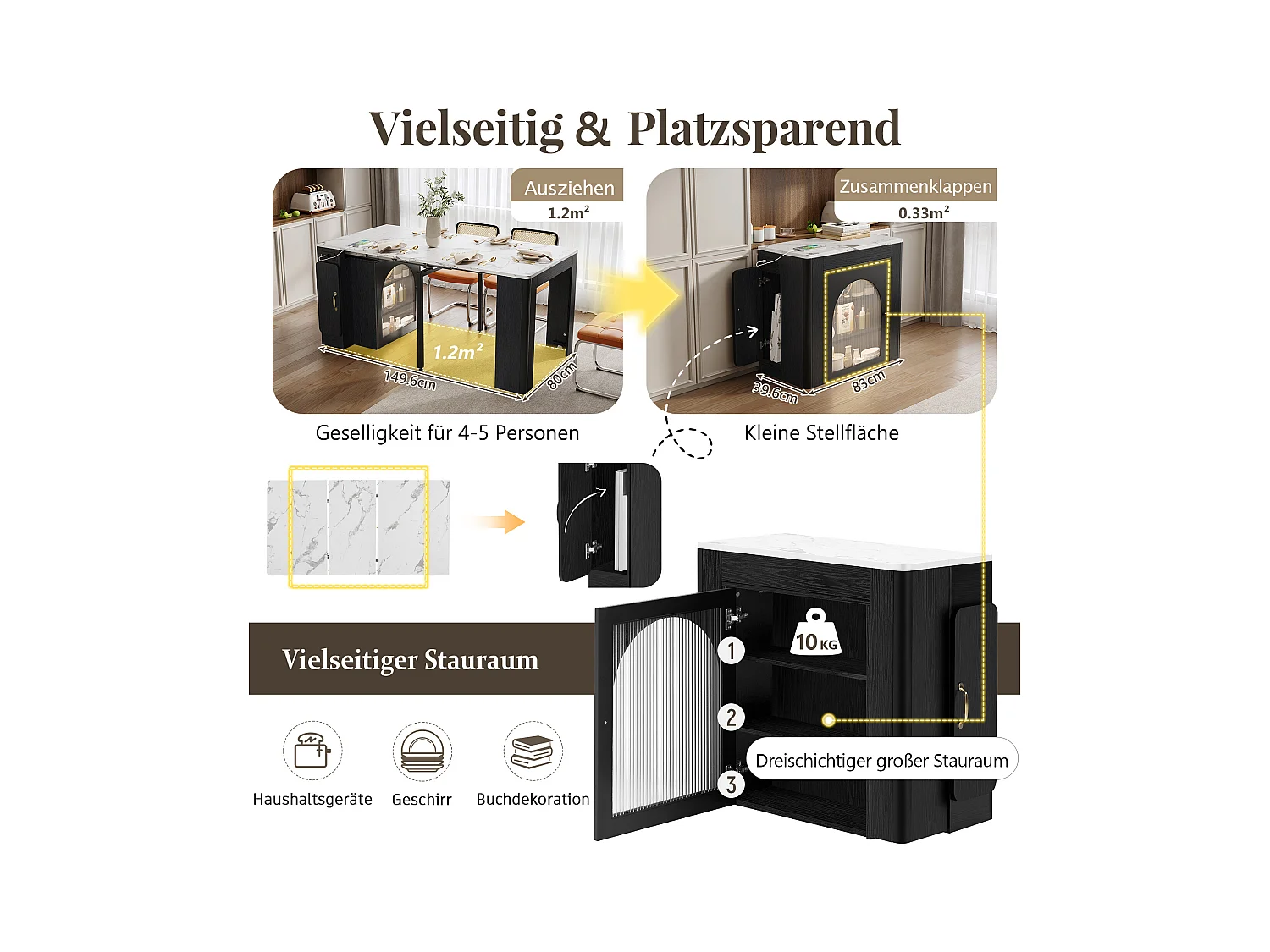 Table à manger extensible avec plateau amovible - 83 x 39.6/79.6/149.6 x 77 cm - avec rangement - MDF + verre - noir + blanc