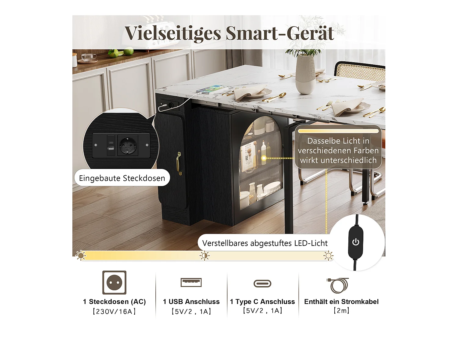 Table à manger extensible avec plateau amovible - 83 x 39.6/79.6/149.6 x 77 cm - avec rangement - MDF + verre - noir + blanc