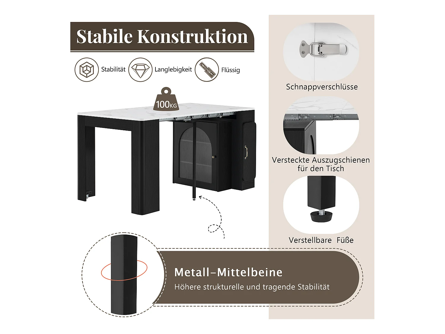 Table à manger extensible avec plateau amovible - 83 x 39.6/79.6/149.6 x 77 cm - avec rangement - MDF + verre - noir + blanc