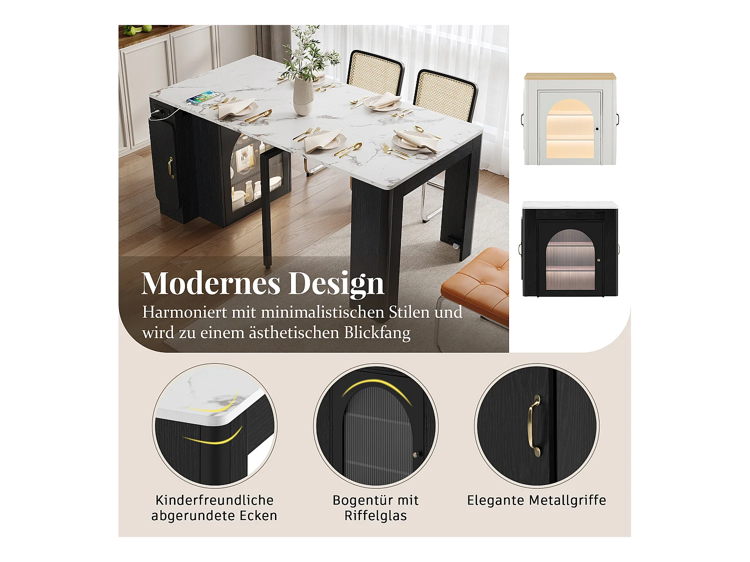 Table à manger extensible avec plateau amovible - 83 x 39.6/79.6/149.6 x 77 cm - avec rangement - MDF + verre - noir + blanc