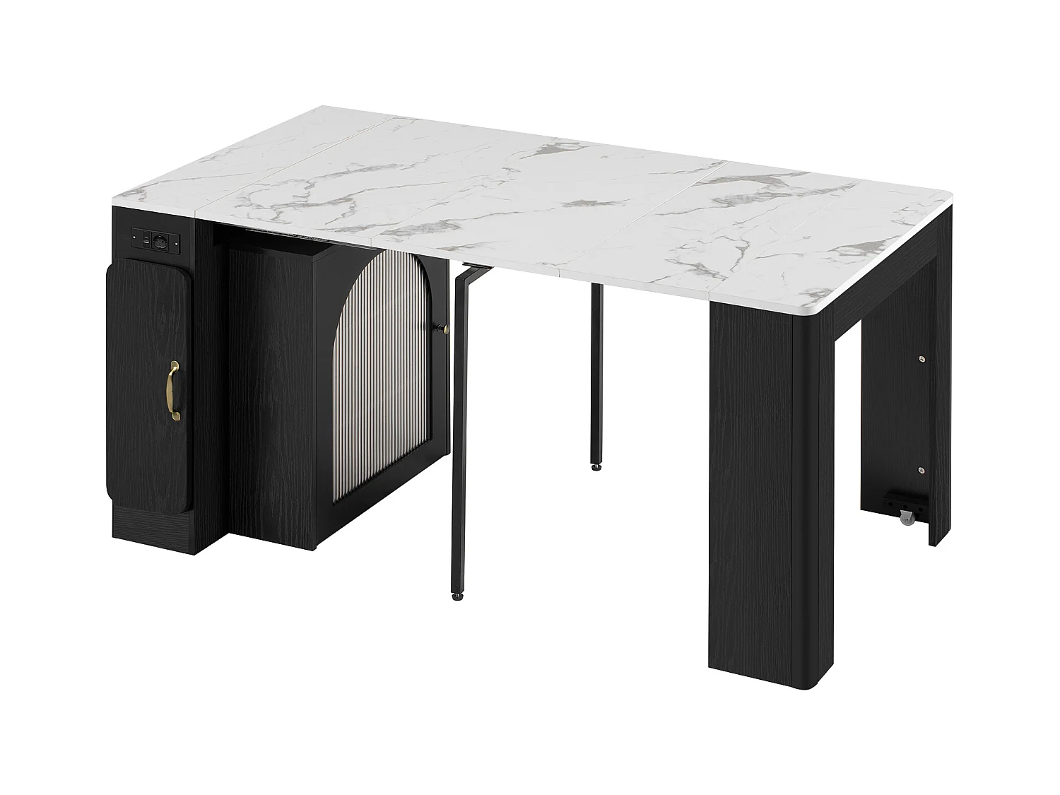 Table à manger extensible avec plateau amovible - 83 x 39.6/79.6/149.6 x 77 cm - avec rangement - MDF + verre - noir + blanc