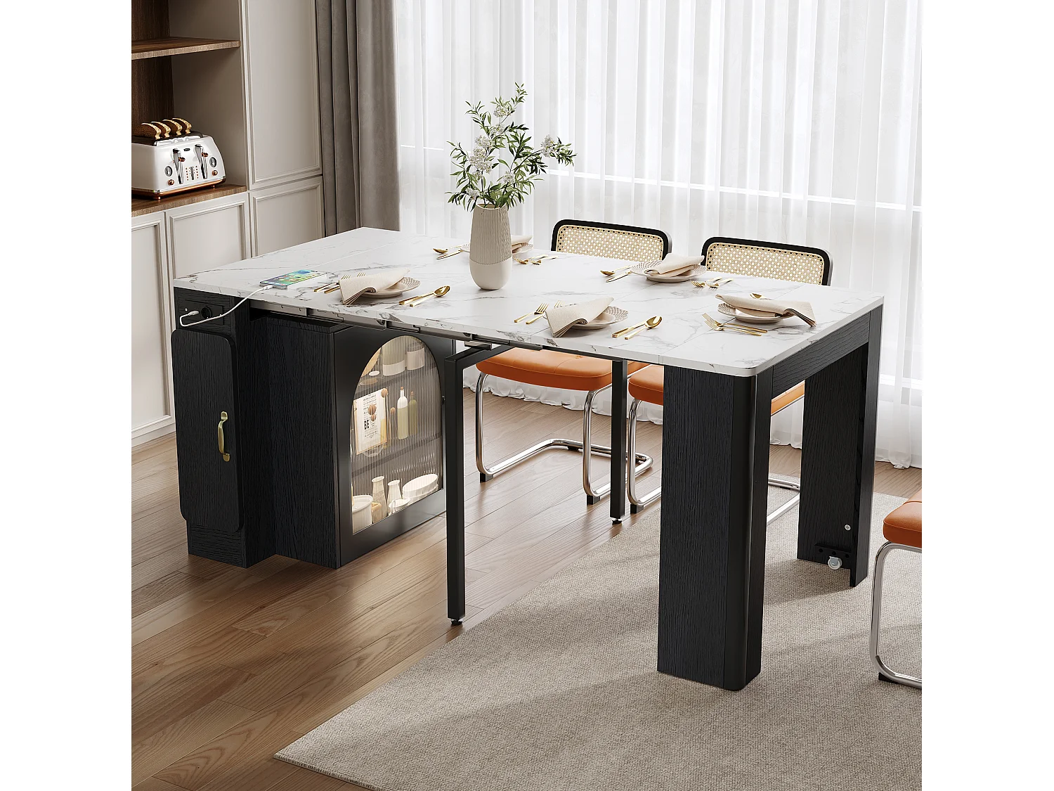 Table à manger extensible avec plateau amovible - 83 x 39.6/79.6/149.6 x 77 cm - avec rangement - MDF + verre - noir + blanc