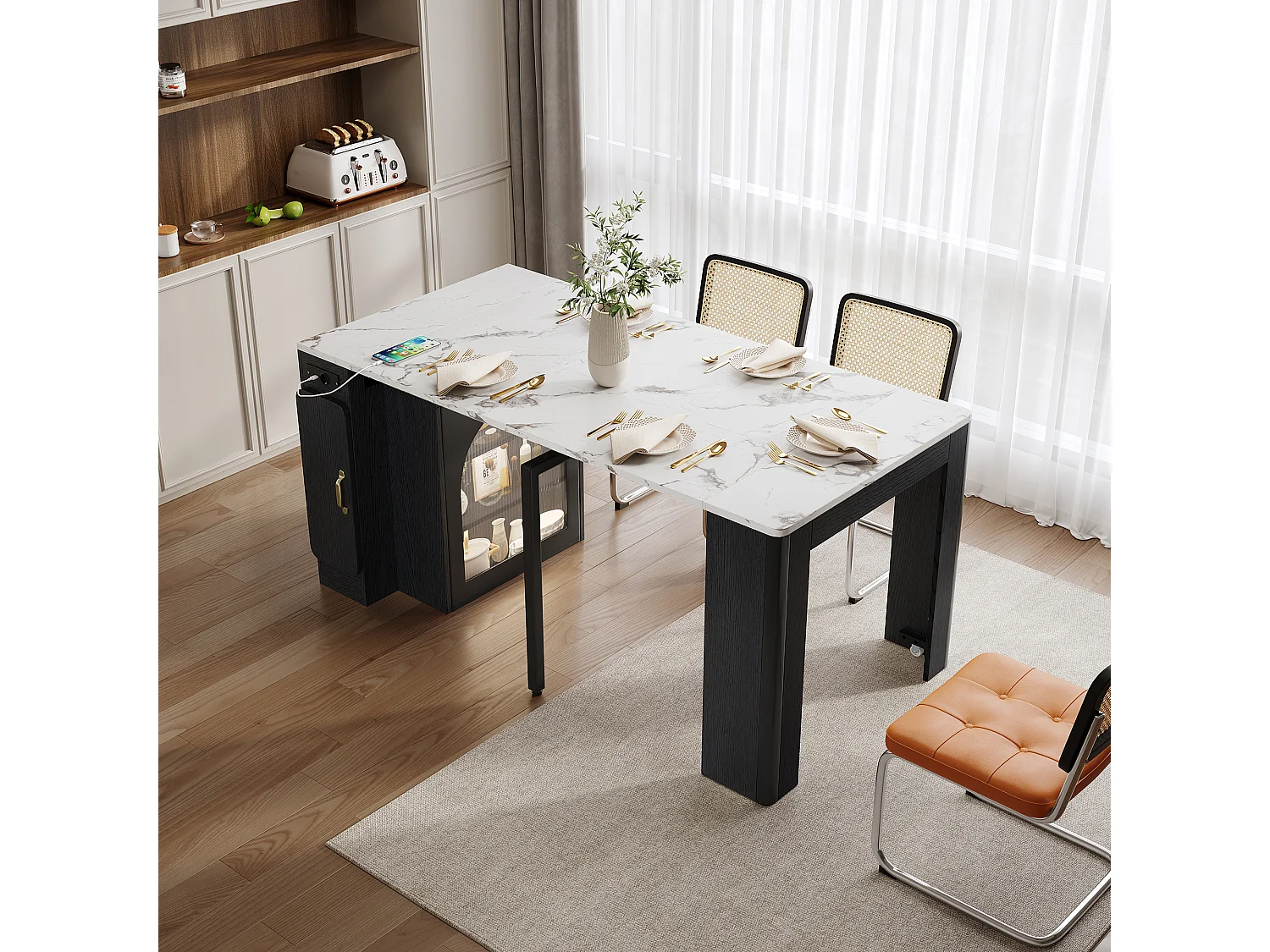 Table à manger extensible avec plateau amovible - 83 x 39.6/79.6/149.6 x 77 cm - avec rangement - MDF + verre - noir + blanc