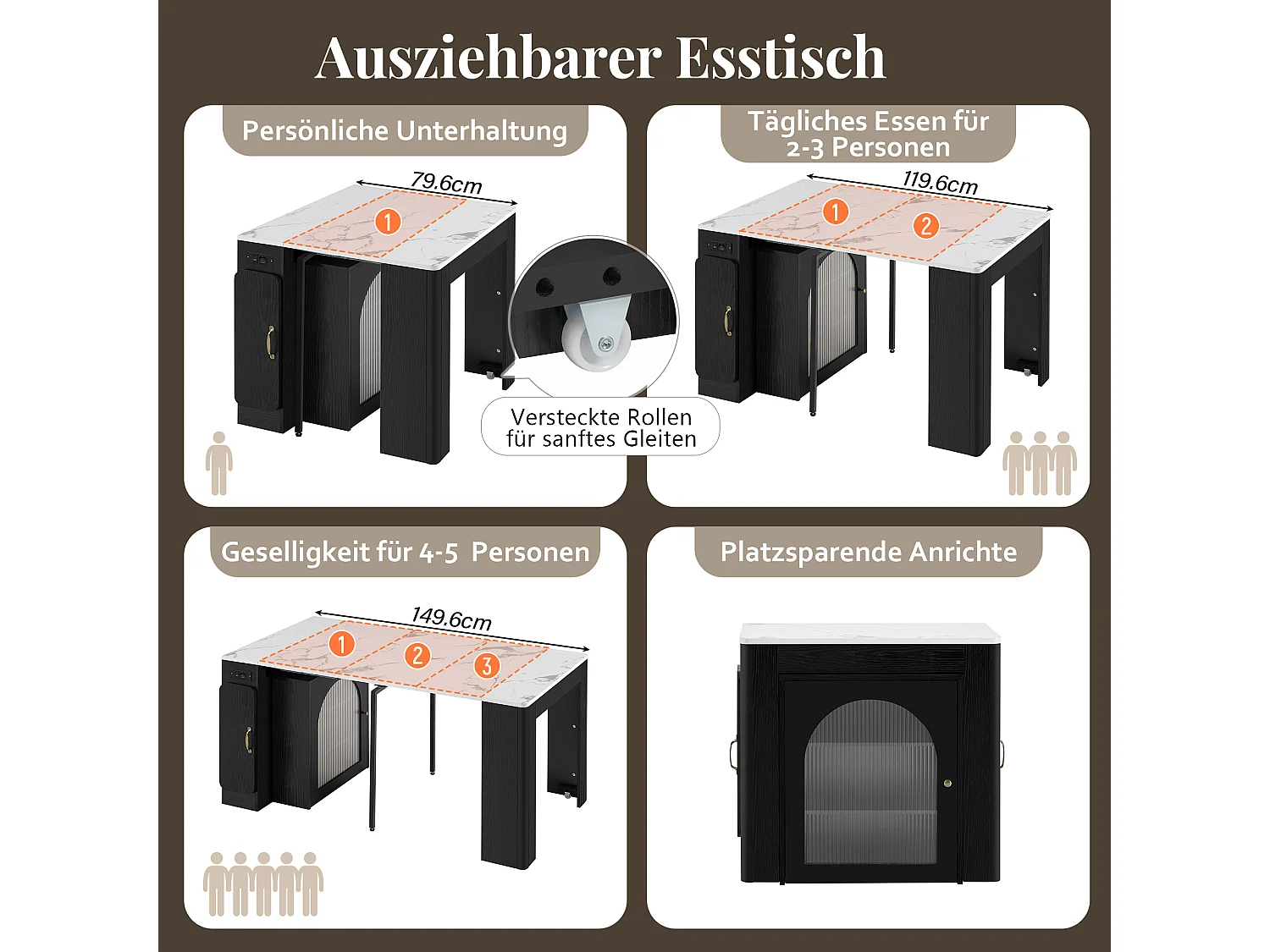 Table à manger extensible avec plateau amovible - 83 x 39.6/79.6/149.6 x 77 cm - avec rangement - MDF + verre - noir + blanc