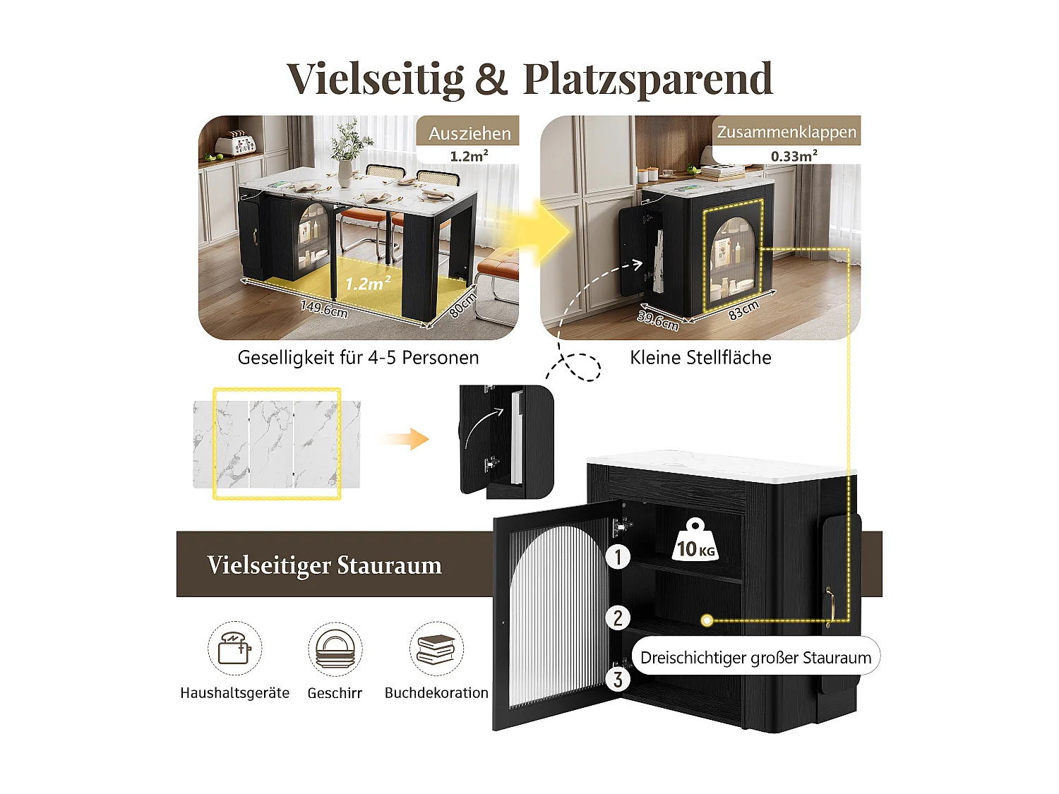 Table à manger extensible avec plateau amovible - 83 x 39.6/79.6/149.6 x 77 cm - avec rangement - MDF + verre - noir + blanc