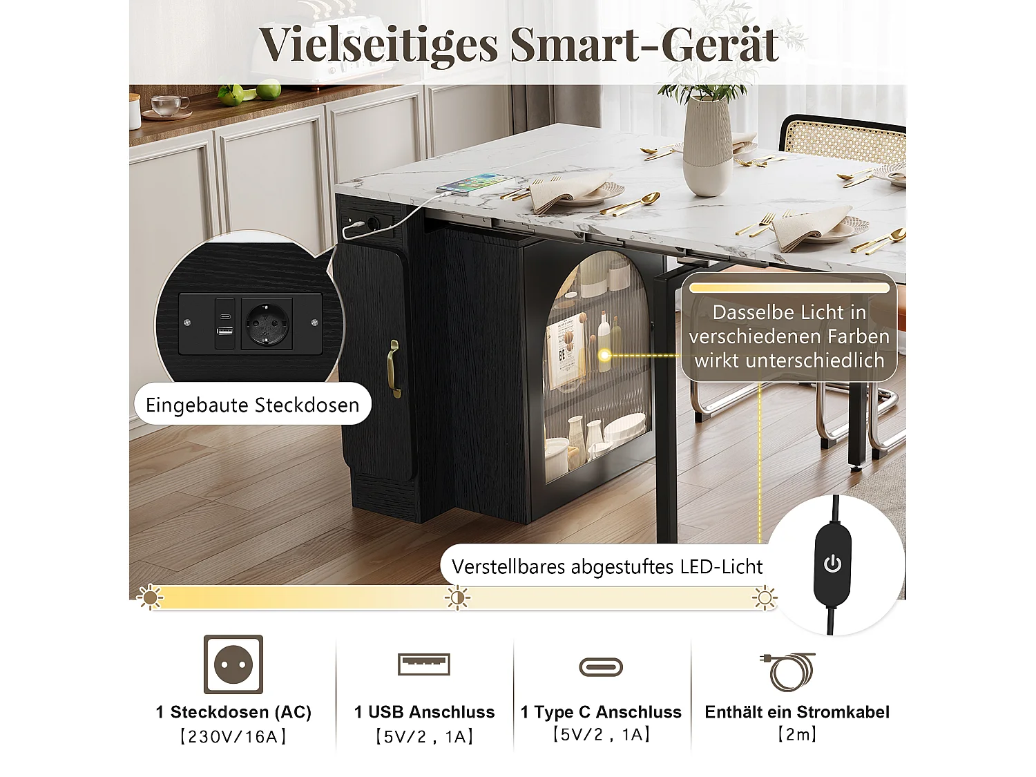 Table à manger extensible avec plateau amovible - 83 x 39.6/79.6/149.6 x 77 cm - avec rangement - MDF + verre - noir + blanc