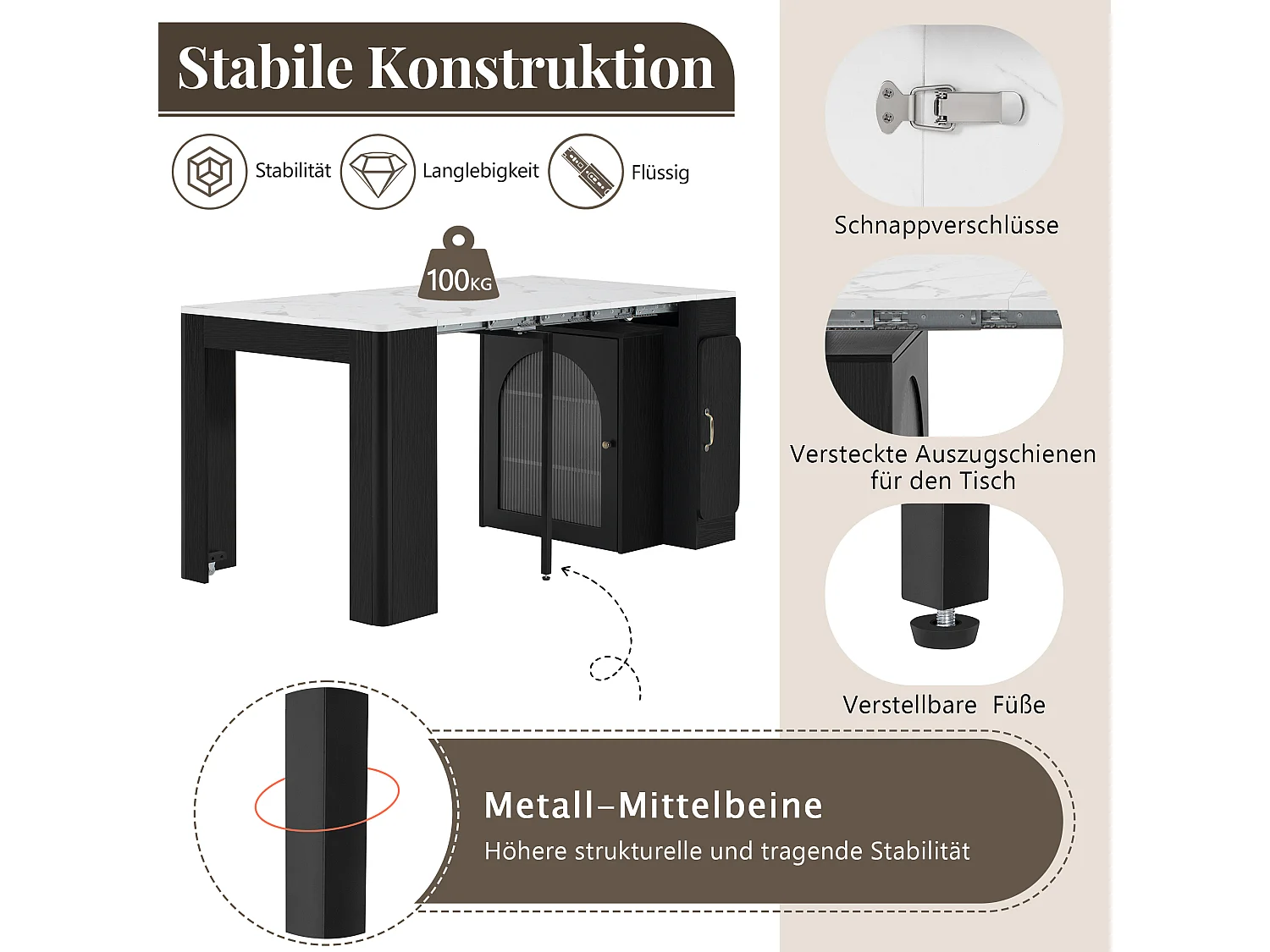 Table à manger extensible avec plateau amovible - 83 x 39.6/79.6/149.6 x 77 cm - avec rangement - MDF + verre - noir + blanc