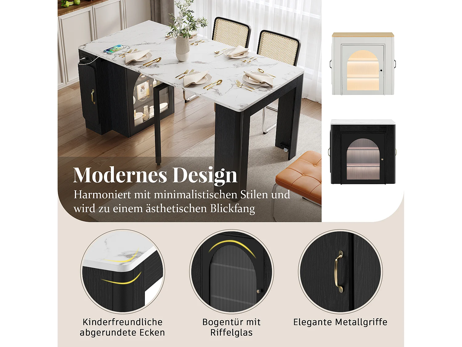 Table à manger extensible avec plateau amovible - 83 x 39.6/79.6/149.6 x 77 cm - avec rangement - MDF + verre - noir + blanc