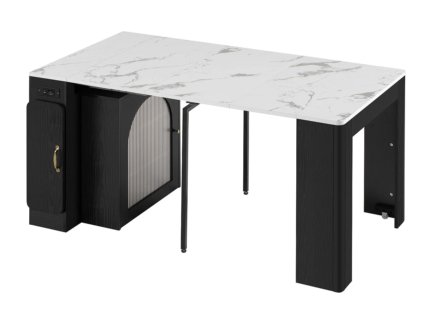 Table à manger extensible avec plateau amovible - 83 x 39.6/79.6/149.6 x 77 cm - avec rangement - MDF + verre - noir + blanc