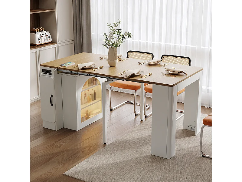 Rozkładany stół jadalny z wyjmowanym blatem - 83 x 39,6/79,6/149,6 x 77 cm - ze schowkiem - MDF + szkło - naturalny + biały