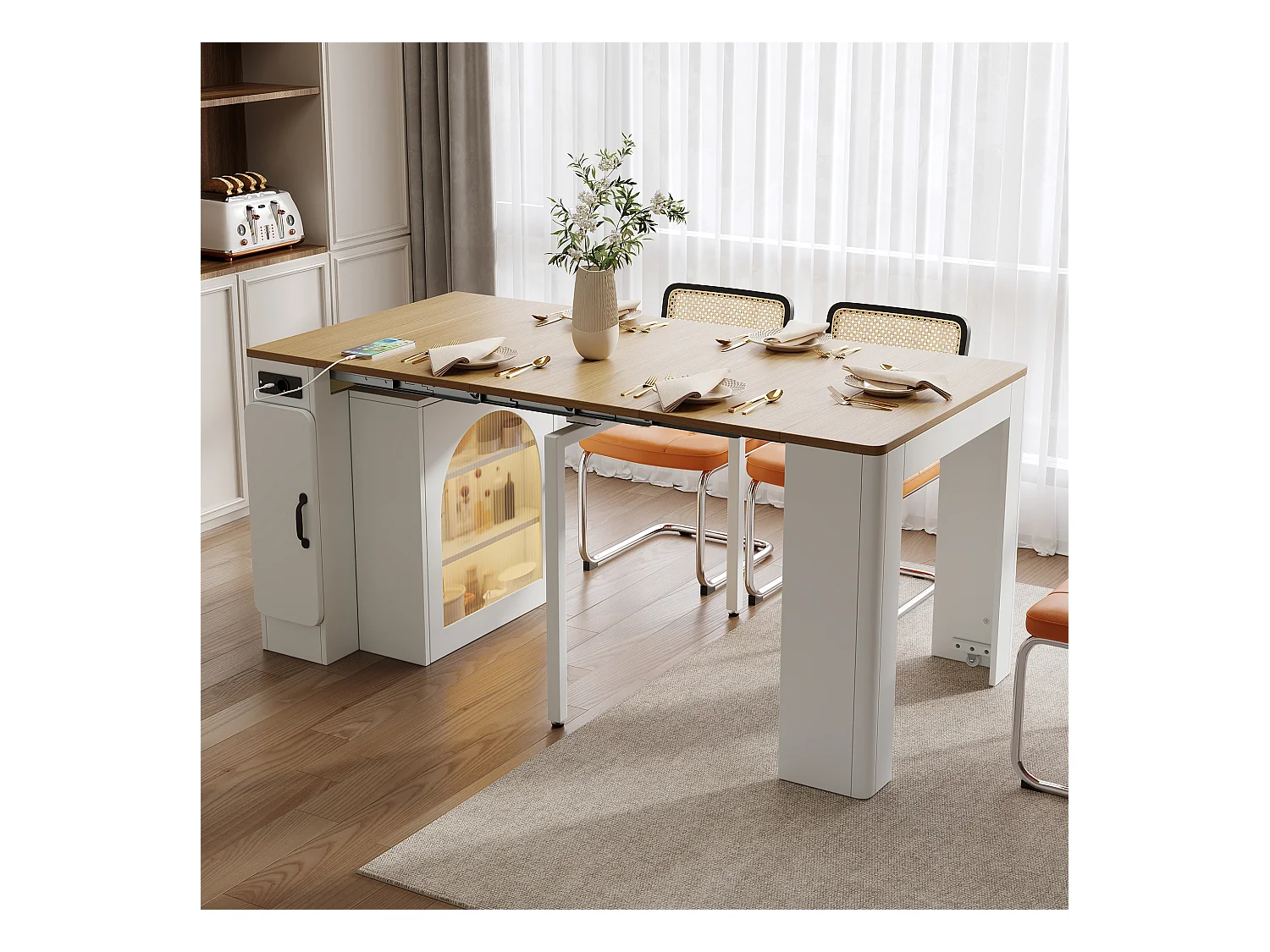 Table à manger extensible avec plateau amovible - 83 x 39.6/79.6/149.6 x 77 cm - avec rangement - MDF + verre - naturel + blanc