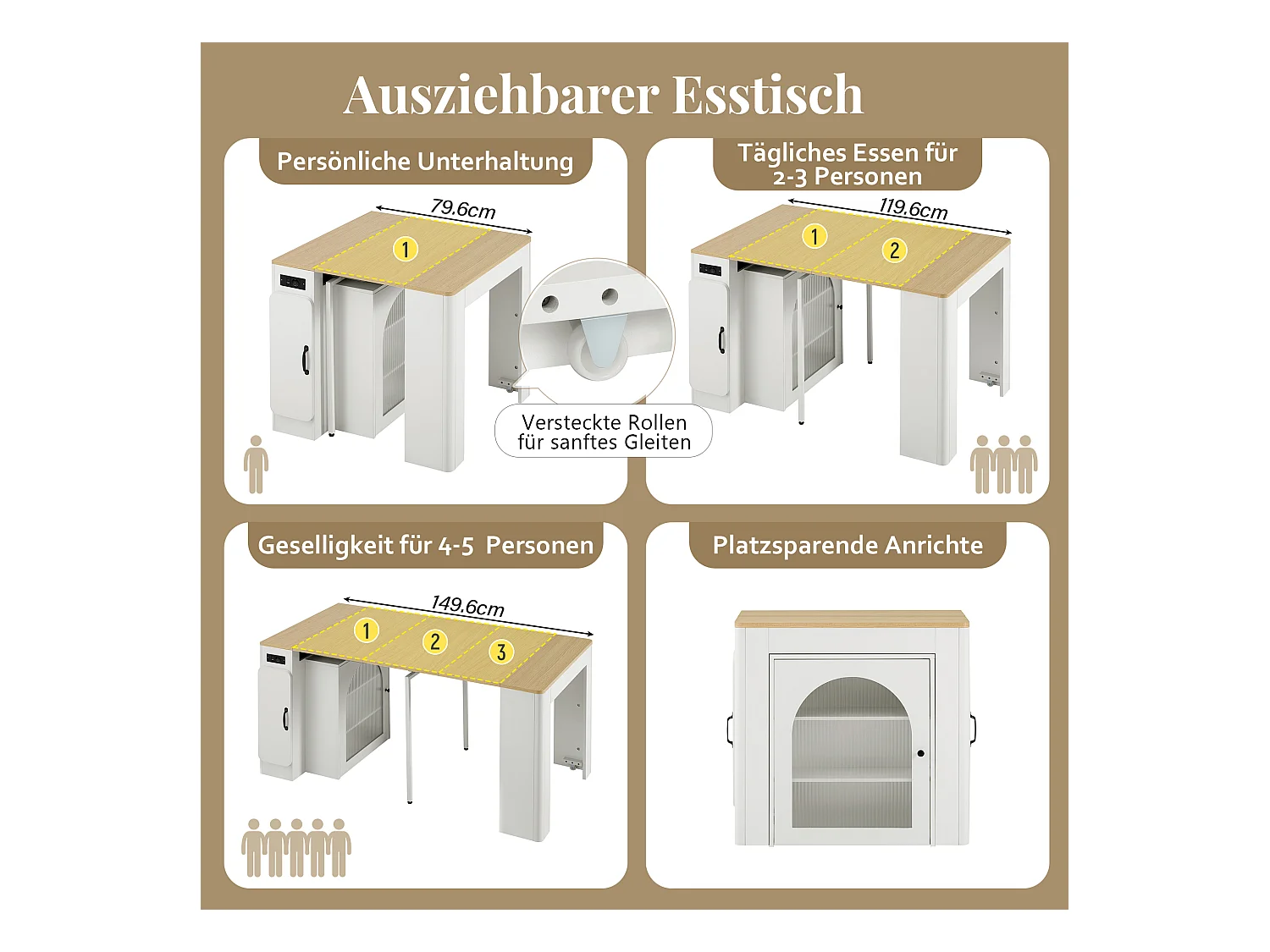 Table à manger extensible avec plateau amovible - 83 x 39.6/79.6/149.6 x 77 cm - avec rangement - MDF + verre - naturel + blanc