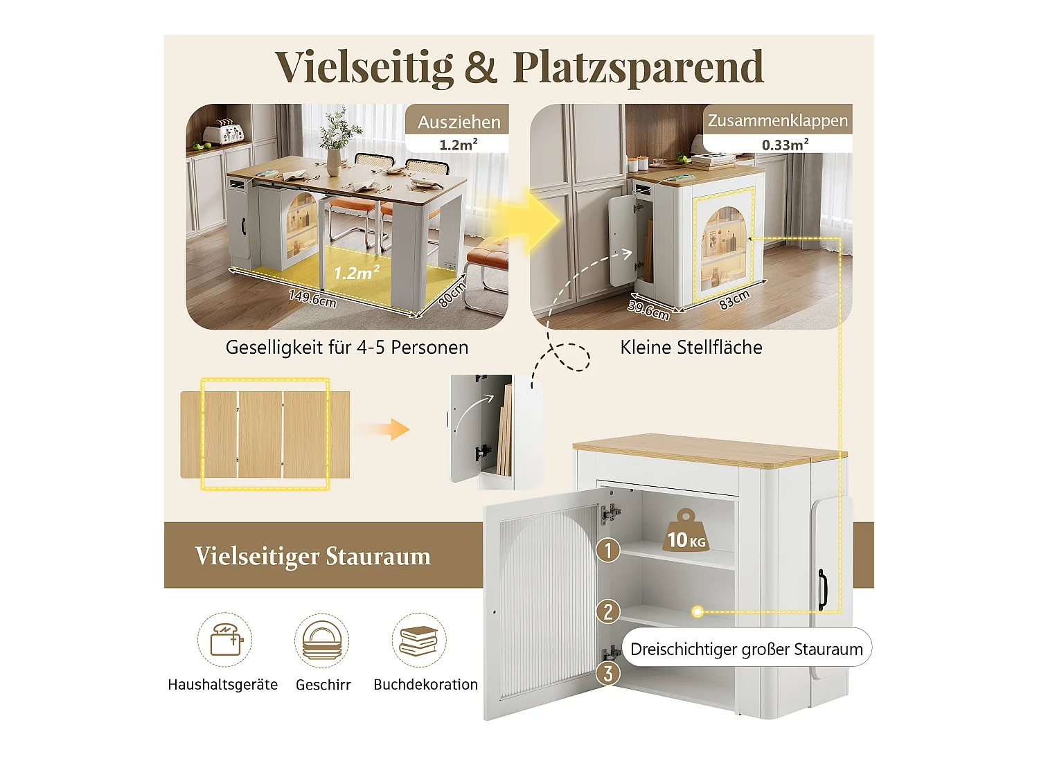 Table à manger extensible avec plateau amovible - 83 x 39.6/79.6/149.6 x 77 cm - avec rangement - MDF + verre - naturel + blanc