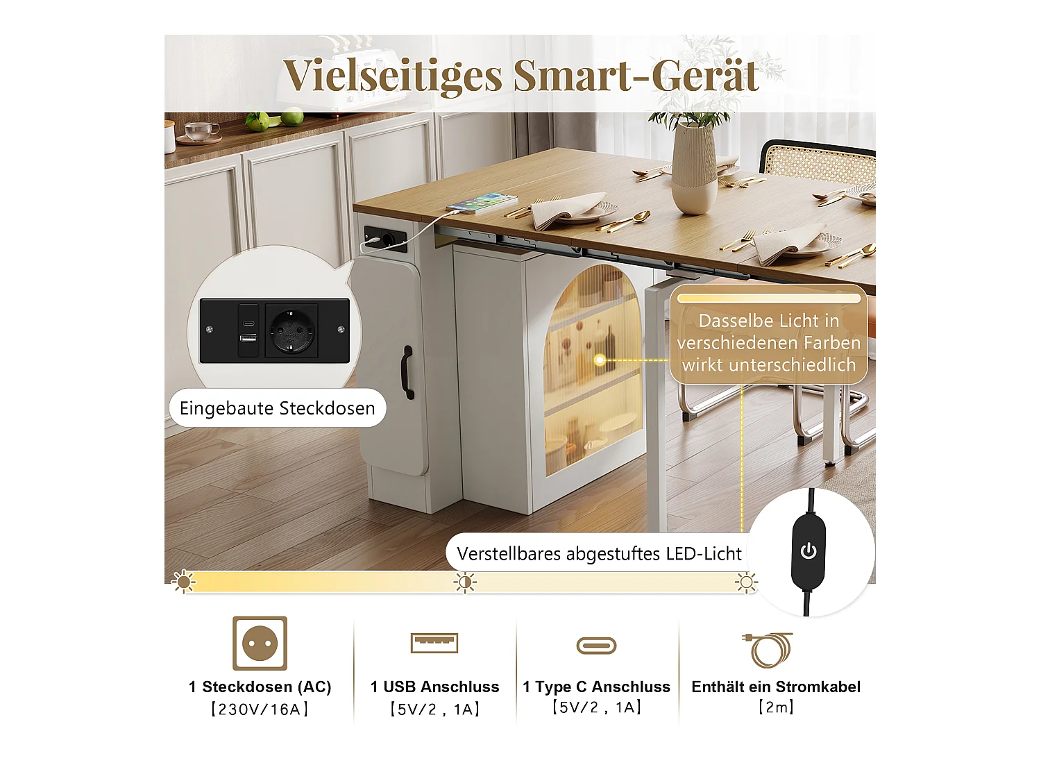 Table à manger extensible avec plateau amovible - 83 x 39.6/79.6/149.6 x 77 cm - avec rangement - MDF + verre - naturel + blanc