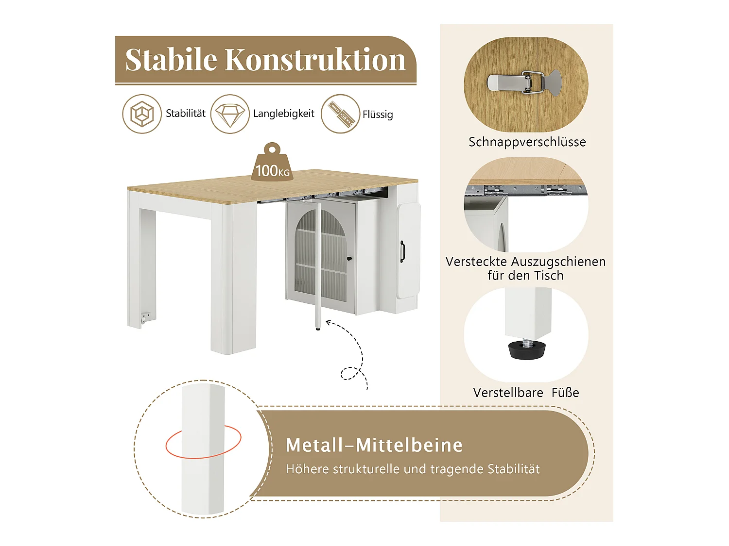 Table à manger extensible avec plateau amovible - 83 x 39.6/79.6/149.6 x 77 cm - avec rangement - MDF + verre - naturel + blanc