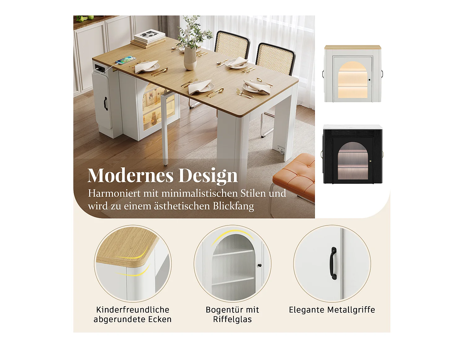 Table à manger extensible avec plateau amovible - 83 x 39.6/79.6/149.6 x 77 cm - avec rangement - MDF + verre - naturel + blanc