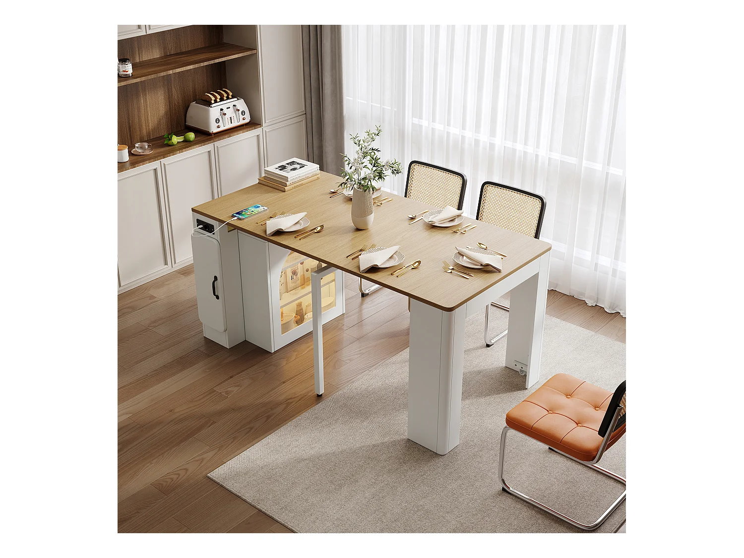 Table à manger extensible avec plateau amovible - 83 x 39.6/79.6/149.6 x 77 cm - avec rangement - MDF + verre - naturel + blanc