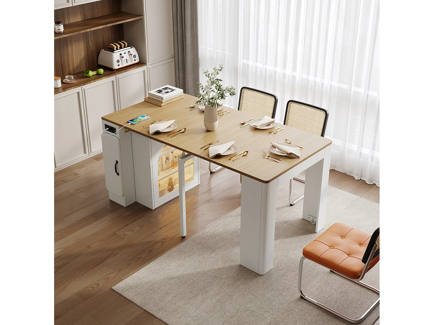 Table à manger extensible avec plateau amovible - 83 x 39.6/79.6/149.6 x 77 cm - avec rangement - MDF + verre - naturel + blanc