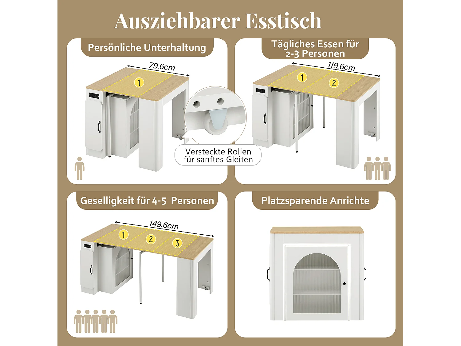 Table à manger extensible avec plateau amovible - 83 x 39.6/79.6/149.6 x 77 cm - avec rangement - MDF + verre - naturel + blanc
