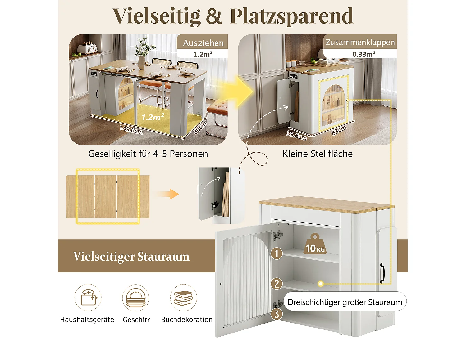 Table à manger extensible avec plateau amovible - 83 x 39.6/79.6/149.6 x 77 cm - avec rangement - MDF + verre - naturel + blanc