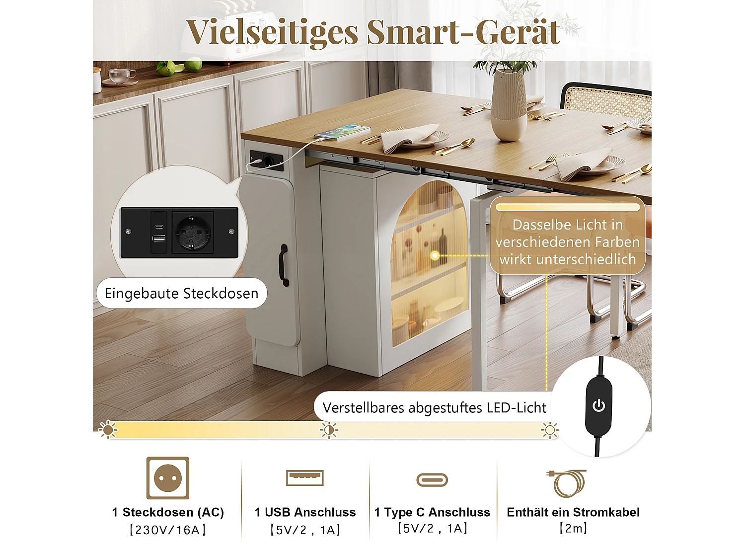 Table à manger extensible avec plateau amovible - 83 x 39.6/79.6/149.6 x 77 cm - avec rangement - MDF + verre - naturel + blanc