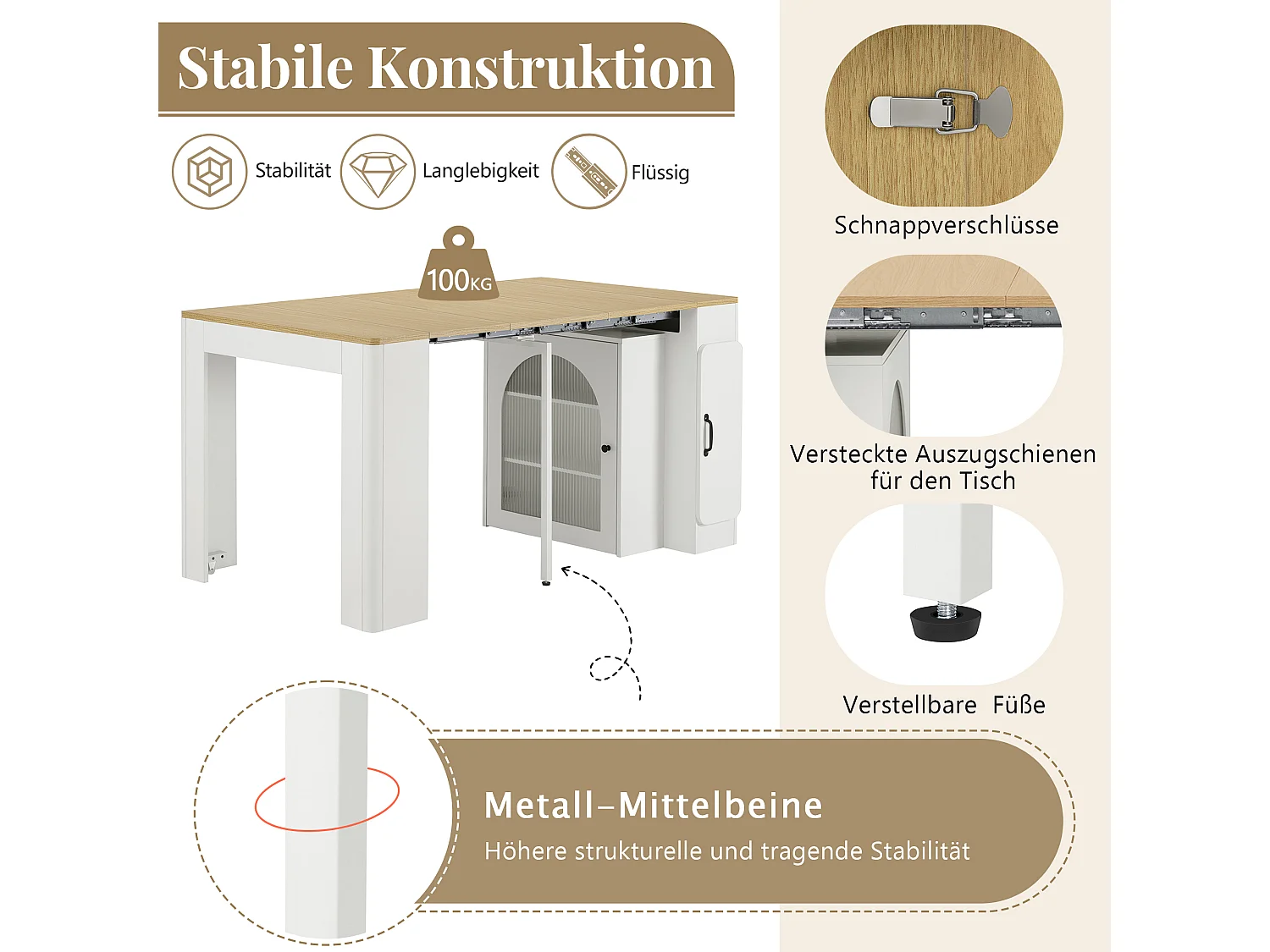 Table à manger extensible avec plateau amovible - 83 x 39.6/79.6/149.6 x 77 cm - avec rangement - MDF + verre - naturel + blanc