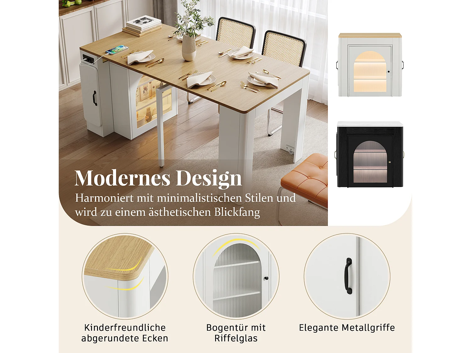 Table à manger extensible avec plateau amovible - 83 x 39.6/79.6/149.6 x 77 cm - avec rangement - MDF + verre - naturel + blanc