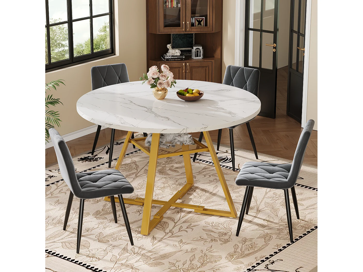 Ensemble de table à manger (5 pièces)- table 120 x 120 x 75 cm + 4 chaises velours - MDF +  Métal - blanc