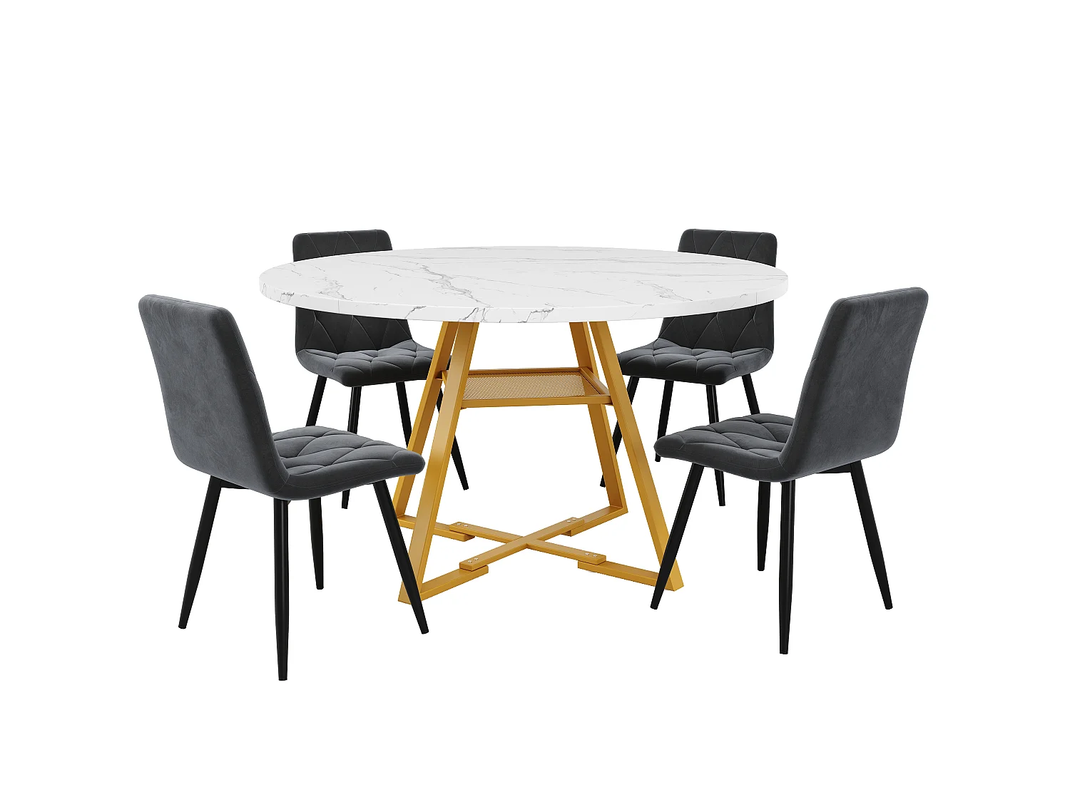 Spisebordsæt (5 dele) - bord 120 x 120 x 75 cm + 4 fløjlsstole - MDF + Metal - hvid