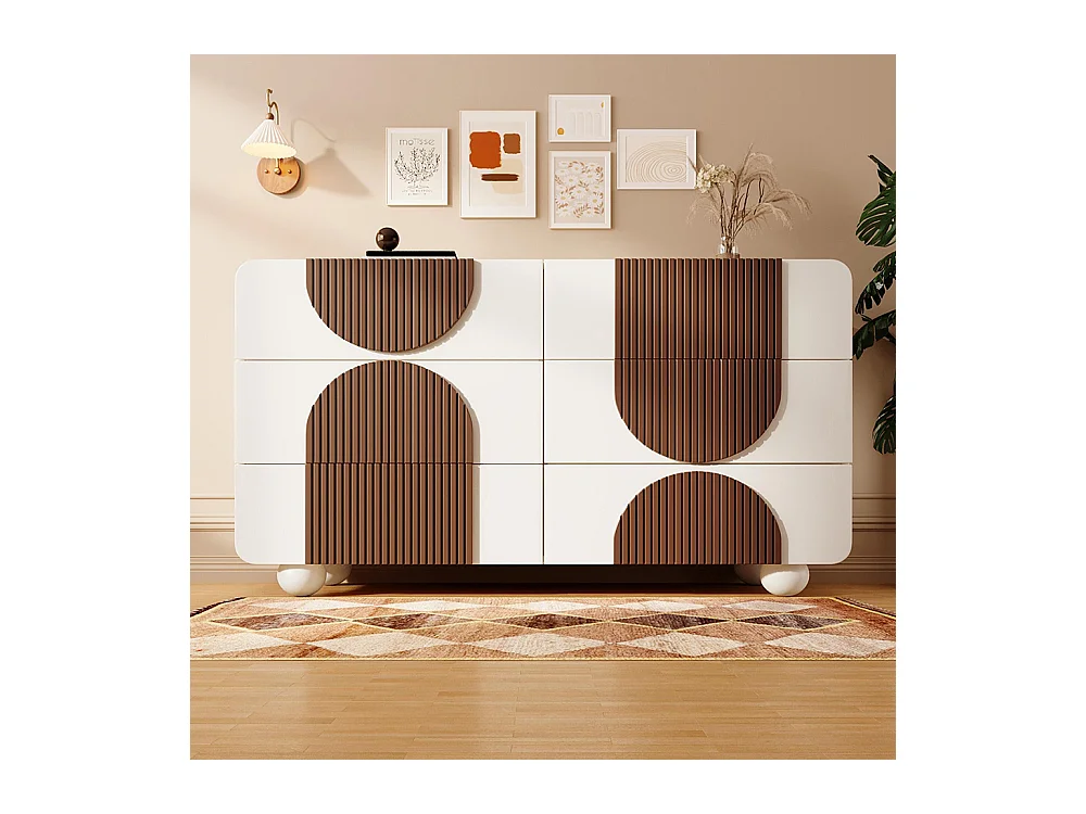 Commode 6 tiroirs design incurvé buffet blanc baguettes bois chocolat tiroirs coulissants silencieux anti-basculement