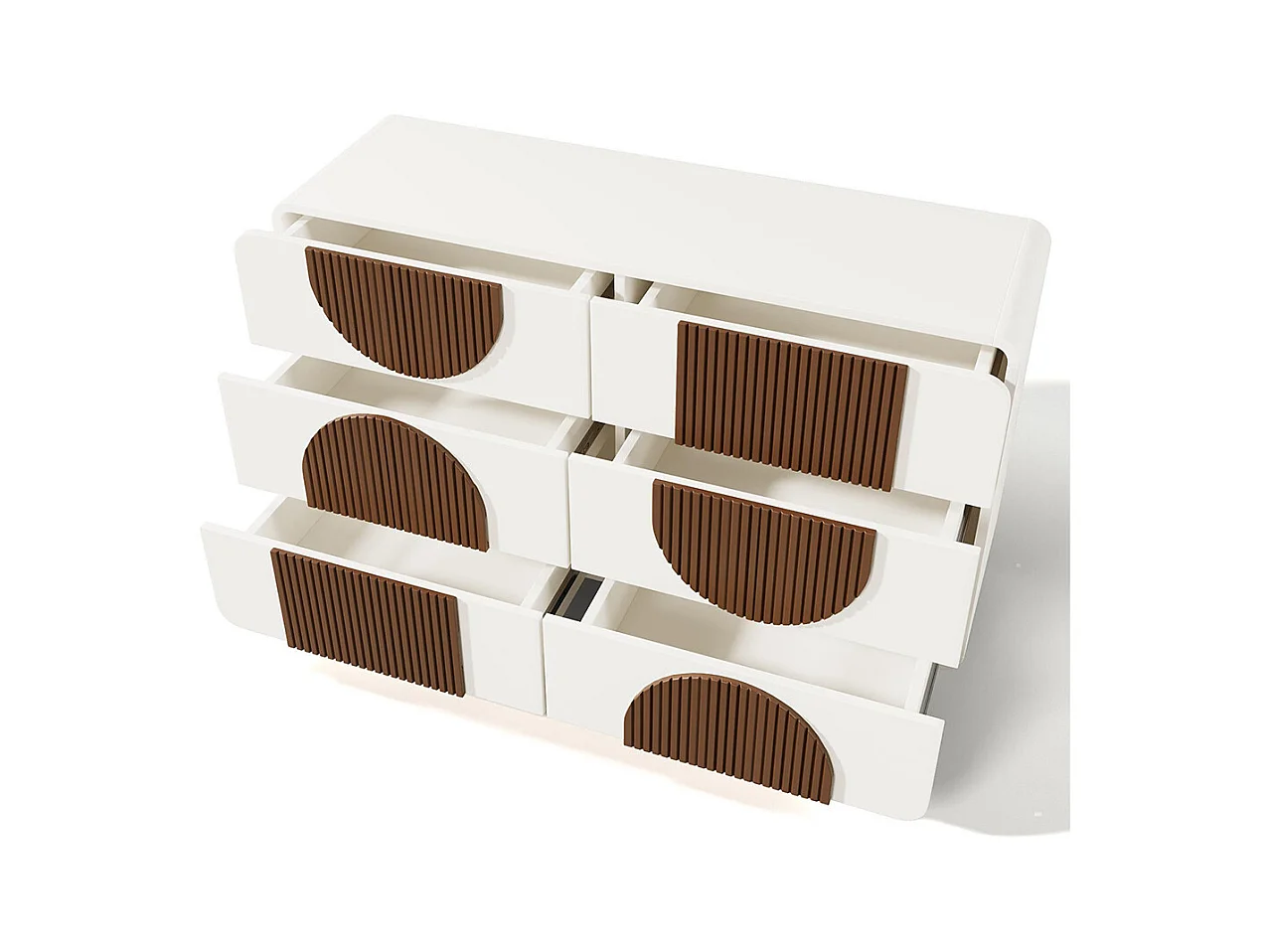 Commode 6 tiroirs design incurvé buffet blanc baguettes bois chocolat tiroirs coulissants silencieux anti-basculement