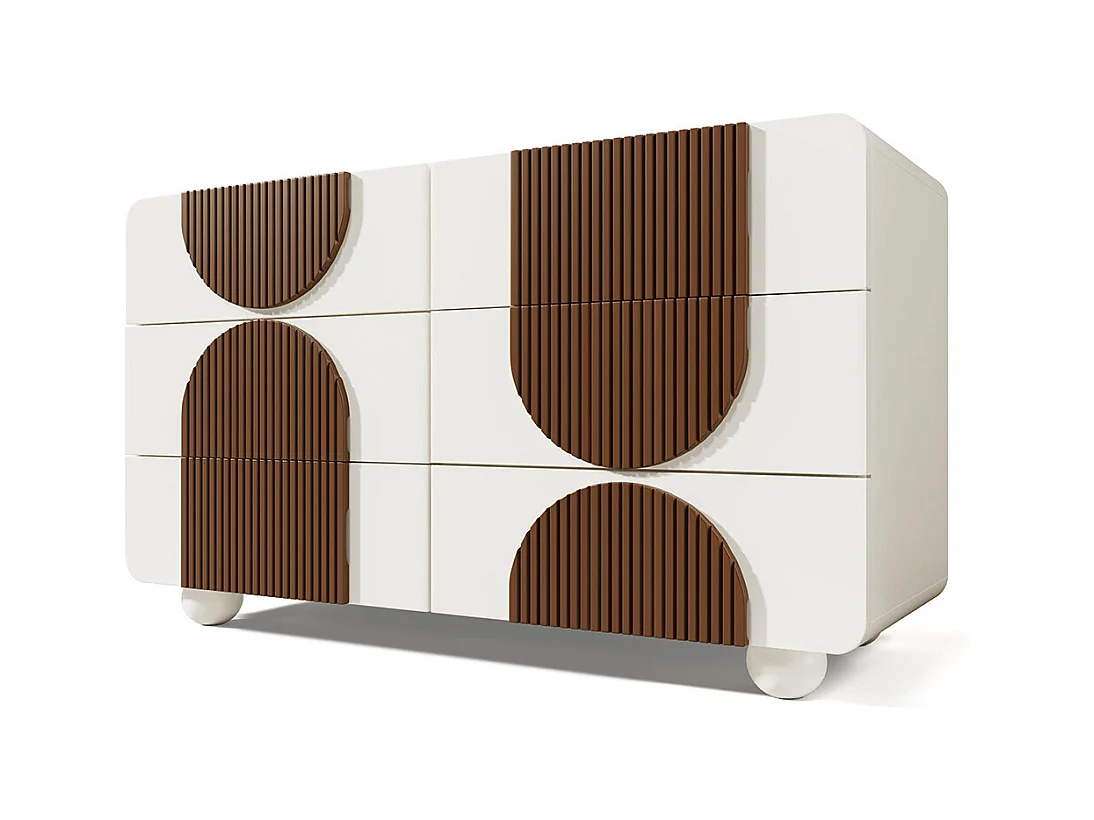 Commode 6 tiroirs design incurvé buffet blanc baguettes bois chocolat tiroirs coulissants silencieux anti-basculement