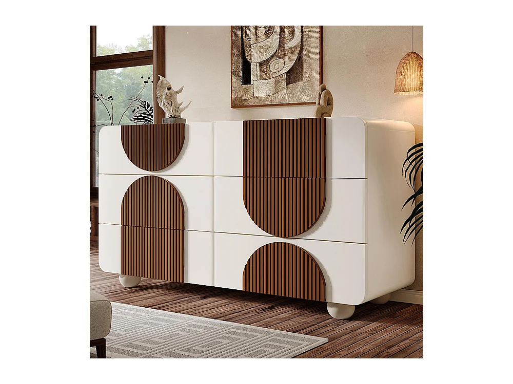 Commode 6 tiroirs design incurvé buffet blanc baguettes bois chocolat tiroirs coulissants silencieux anti-basculement
