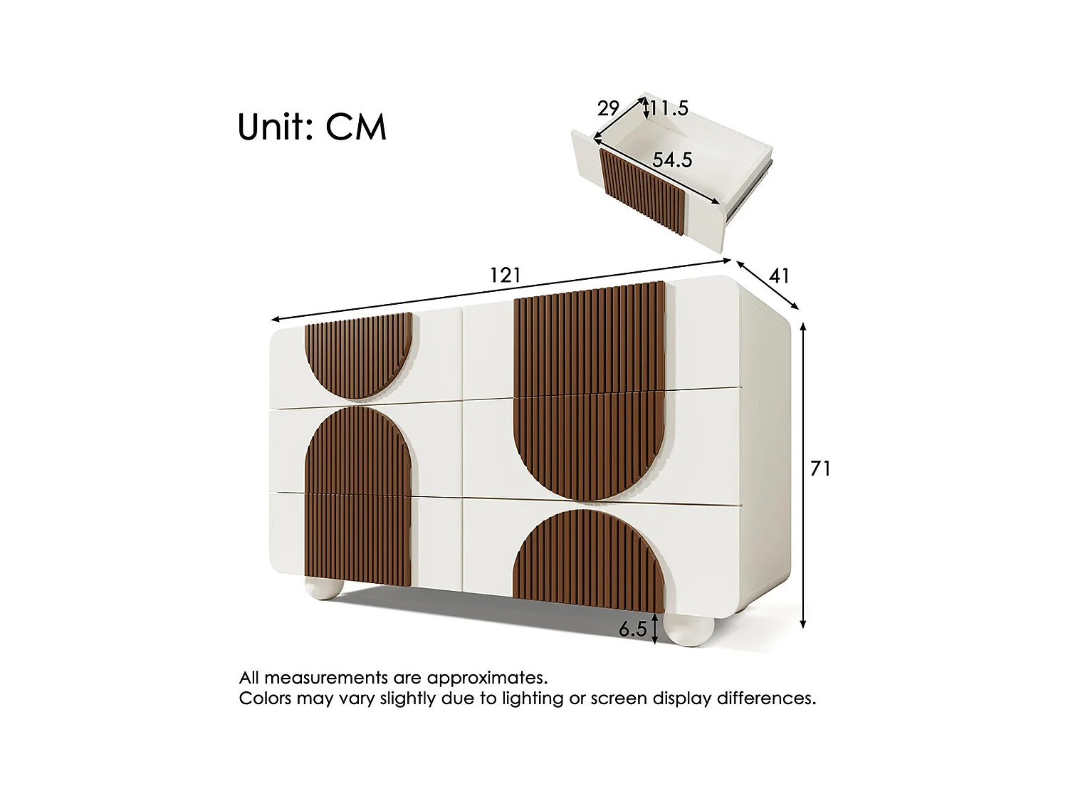 Commode 6 tiroirs design incurvé buffet blanc baguettes bois chocolat tiroirs coulissants silencieux anti-basculement