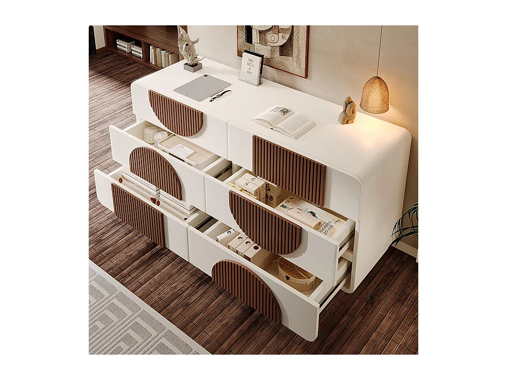 Commode 6 tiroirs design incurvé buffet blanc baguettes bois chocolat tiroirs coulissants silencieux anti-basculement