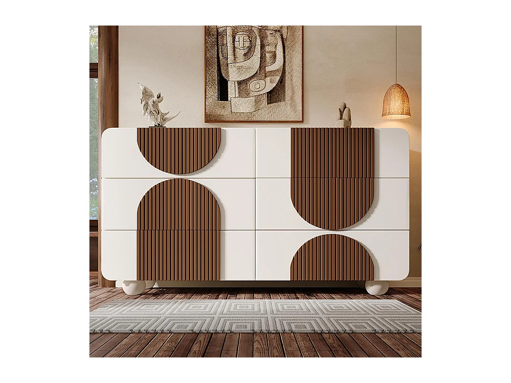 Commode 6 tiroirs design incurvé buffet blanc baguettes bois chocolat tiroirs coulissants silencieux anti-basculement