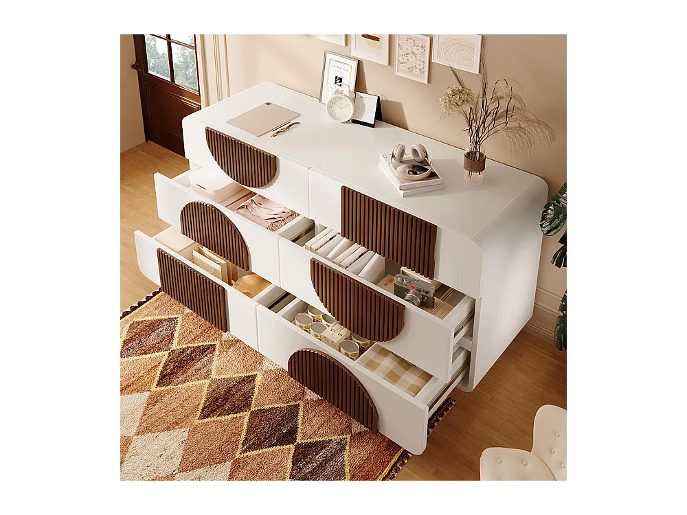 Commode 6 tiroirs design incurvé buffet blanc baguettes bois chocolat tiroirs coulissants silencieux anti-basculement