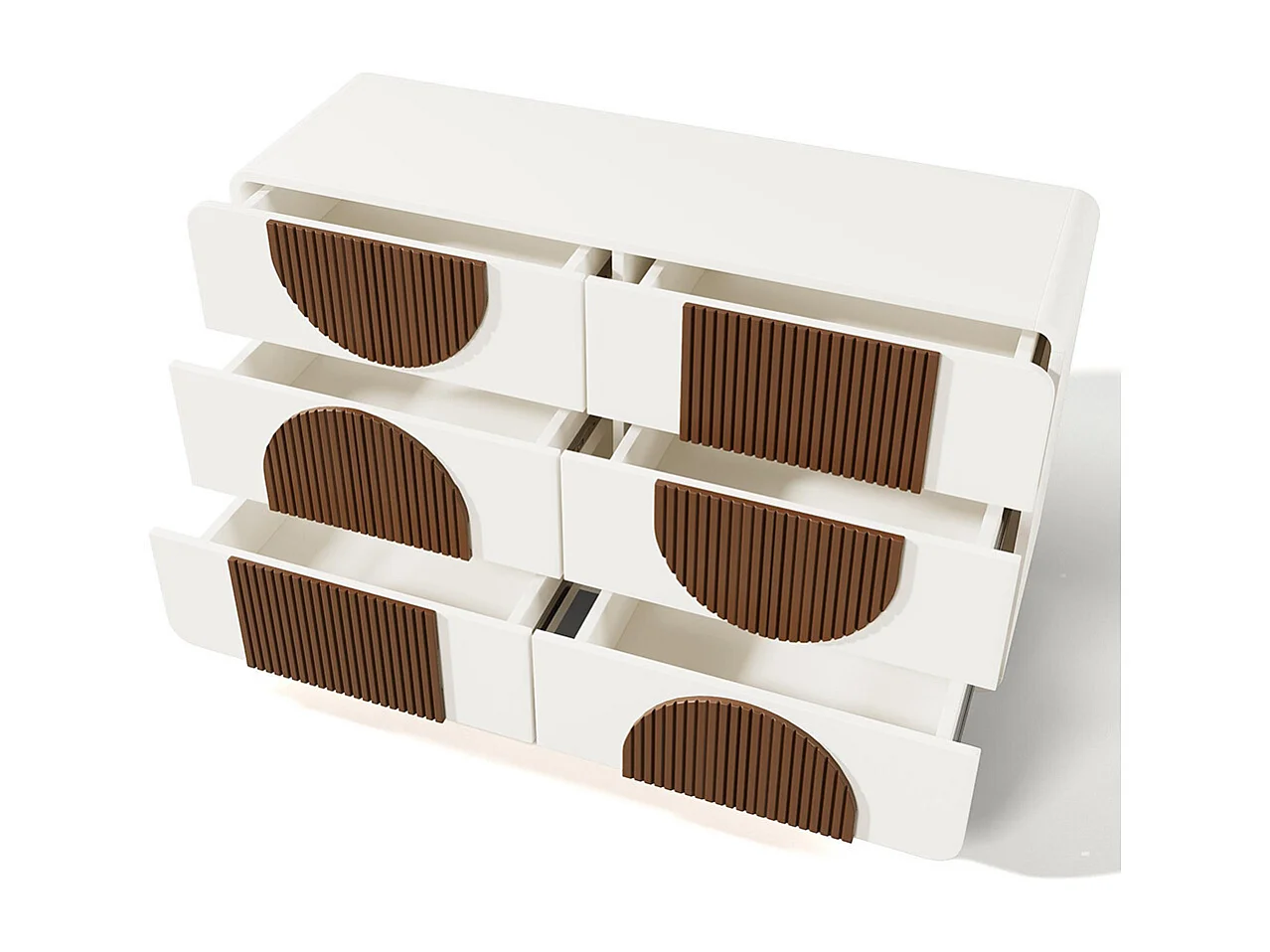 Commode 6 tiroirs design incurvé buffet blanc baguettes bois chocolat tiroirs coulissants silencieux anti-basculement