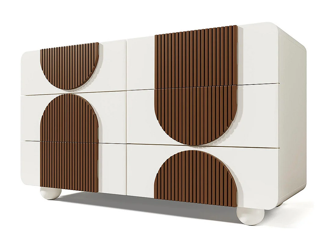 Commode 6 tiroirs design incurvé buffet blanc baguettes bois chocolat tiroirs coulissants silencieux anti-basculement