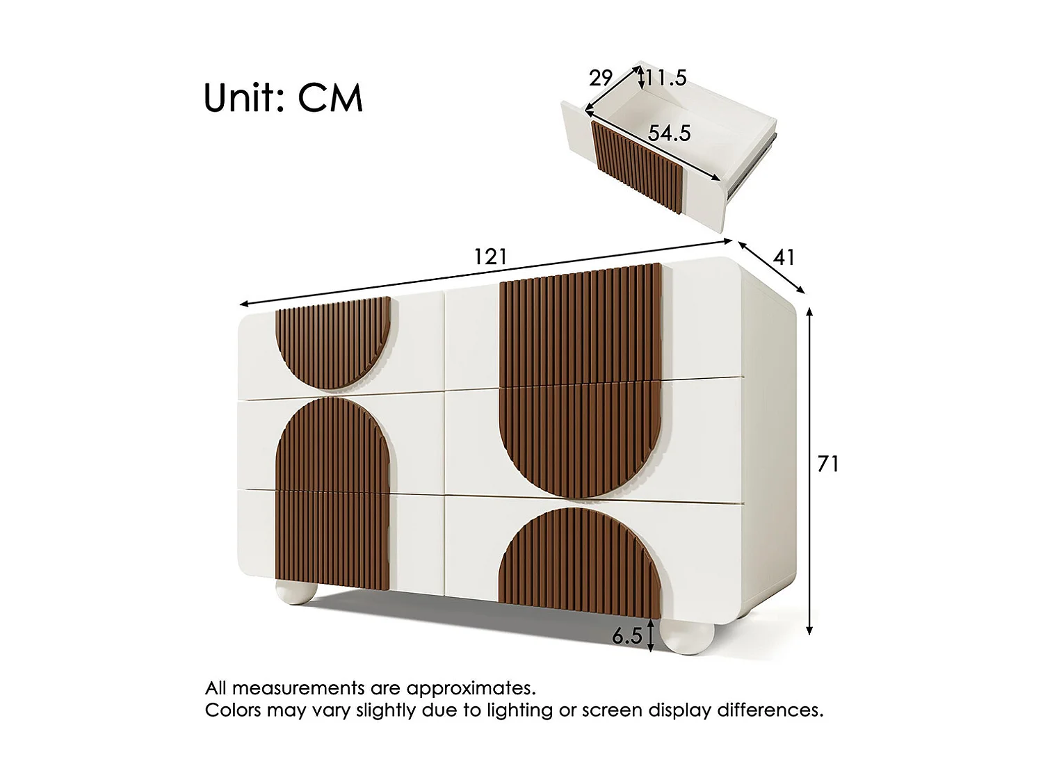 Commode 6 tiroirs design incurvé buffet blanc baguettes bois chocolat tiroirs coulissants silencieux anti-basculement