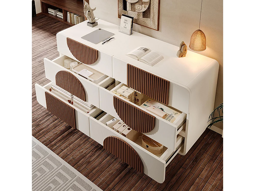 Commode 6 tiroirs design incurvé buffet blanc baguettes bois chocolat tiroirs coulissants silencieux anti-basculement