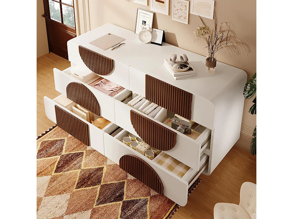 Commode 6 tiroirs design incurvé buffet blanc baguettes bois chocolat tiroirs coulissants silencieux anti-basculement