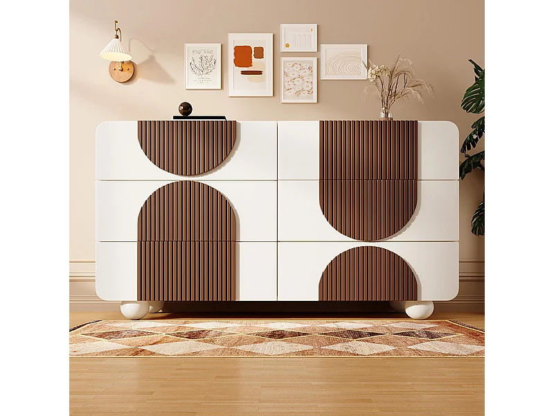 Commode 6 tiroirs design incurvé buffet blanc baguettes bois chocolat tiroirs coulissants silencieux anti-basculement