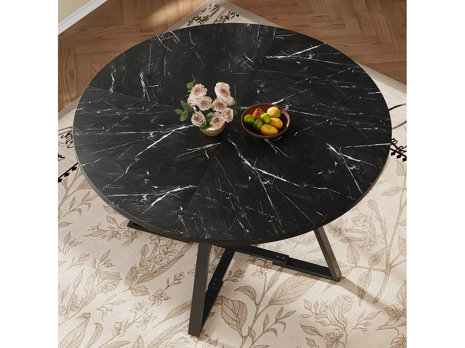 Esstisch-Set (5-teilig) - Tisch 120 x 120 x 75 cm + 4 Samtstühle - MDF + Metall - schwarz