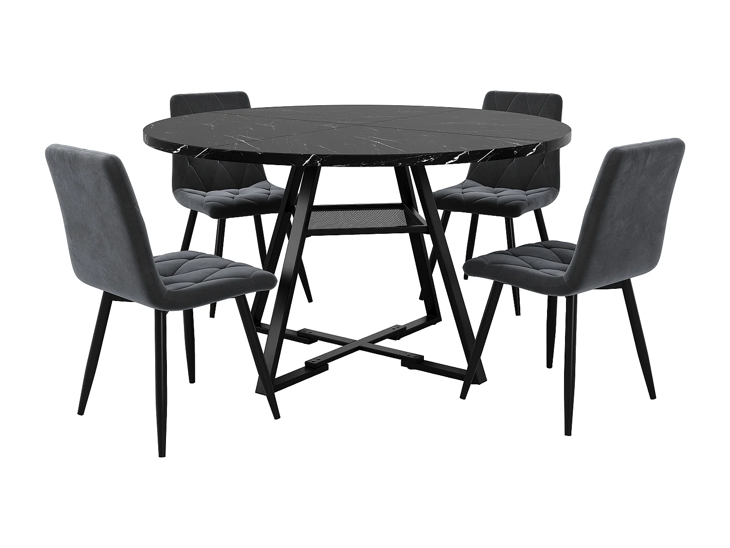Esstisch-Set (5-teilig) - Tisch 120 x 120 x 75 cm + 4 Samtstühle - MDF + Metall - schwarz