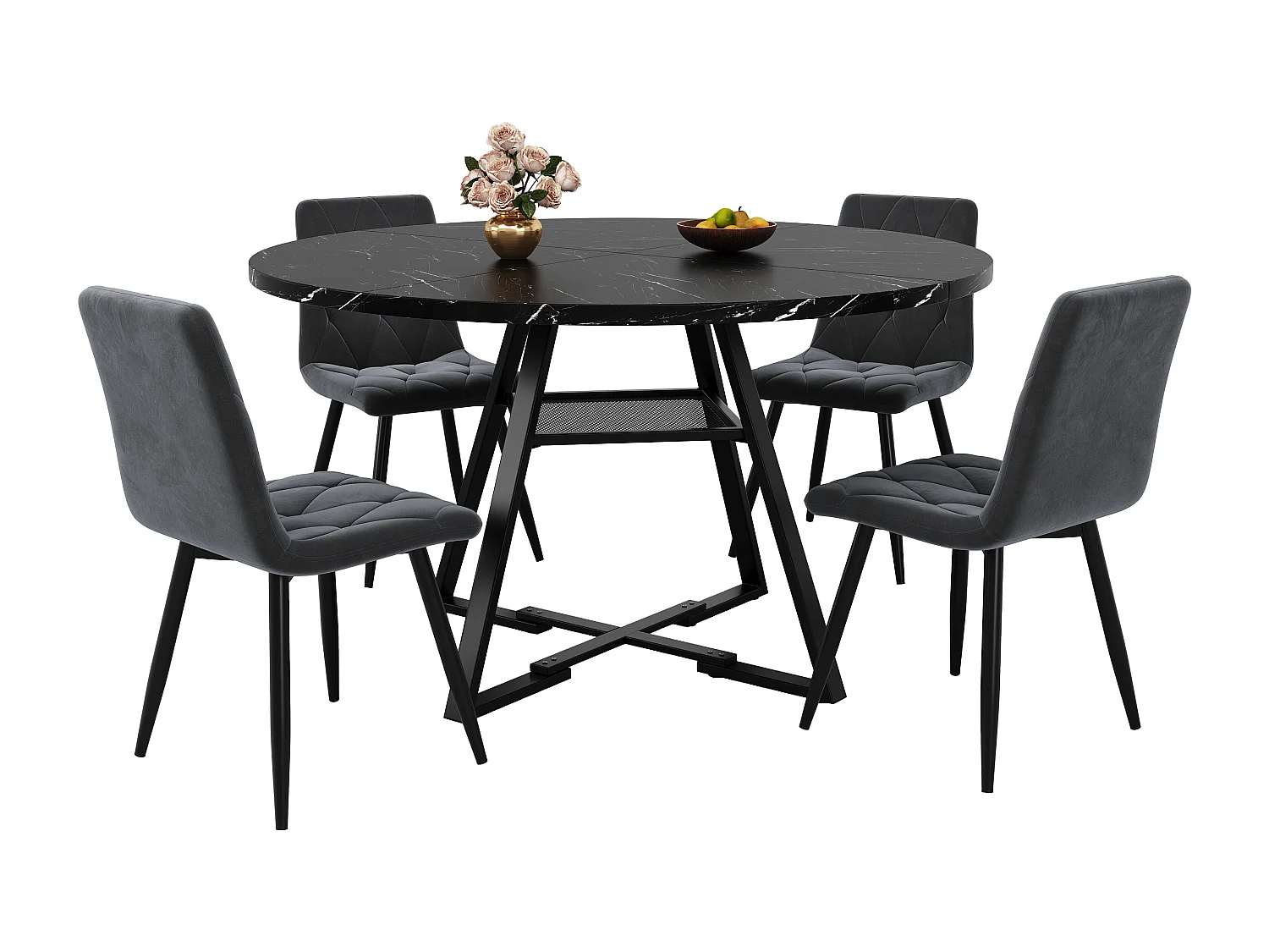 Esstisch-Set (5-teilig) - Tisch 120 x 120 x 75 cm + 4 Samtstühle - MDF + Metall - schwarz