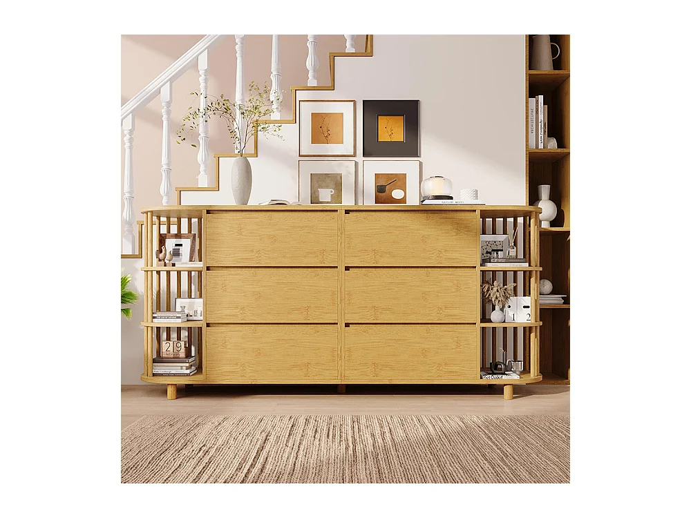 Commode chêne 160 cm design romain colonnes étagères bambou 6 tiroirs étagères ouvertes pieds réglables dimensions