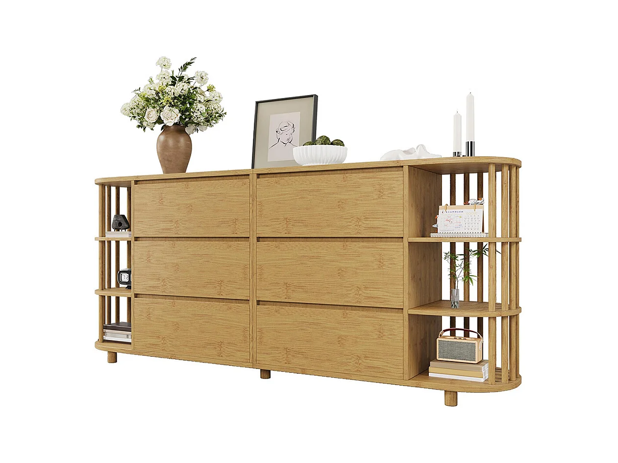 Commode chêne 160 cm design romain colonnes étagères bambou 6 tiroirs étagères ouvertes pieds réglables dimensions