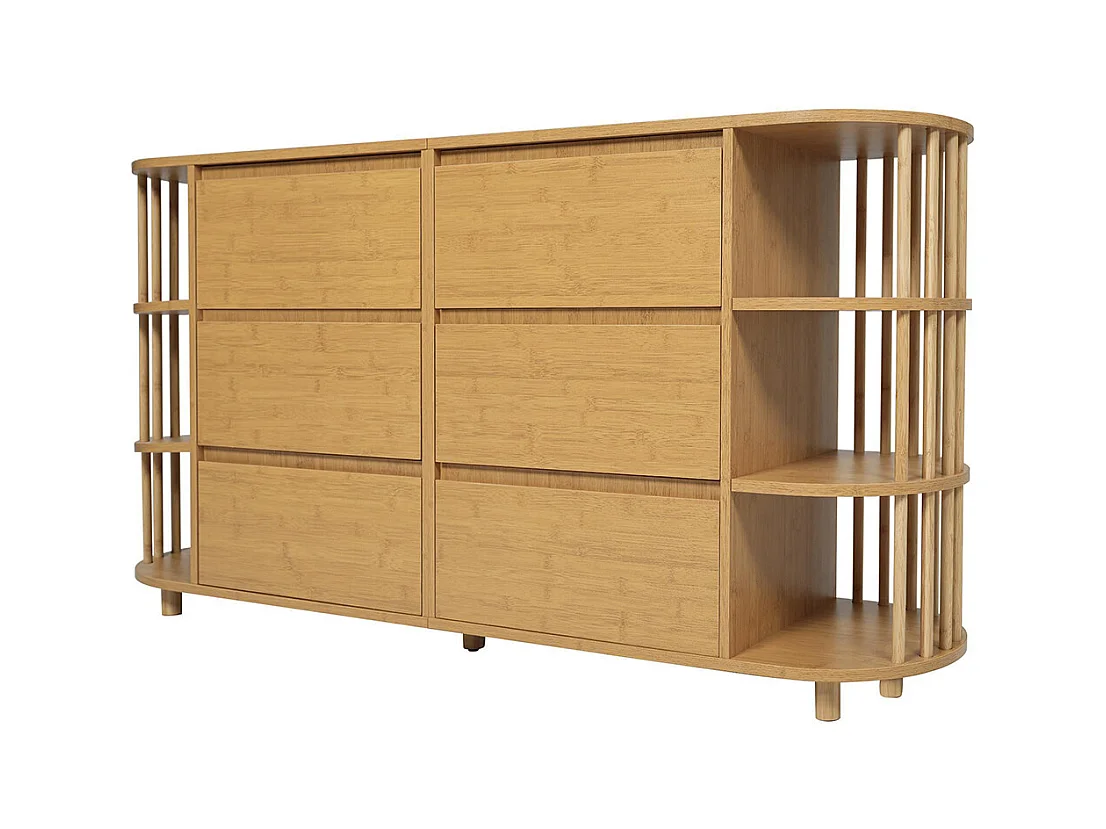 Commode chêne 160 cm design romain colonnes étagères bambou 6 tiroirs étagères ouvertes pieds réglables dimensions